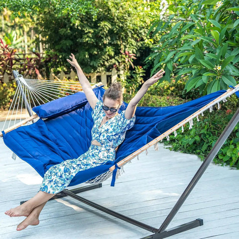 Heavy Duty Steel Hammock Stand For Two Peeps, Portable Outdoor Frame With Hooks And Chains, 15 Ft Hammocks Compatible, in use.