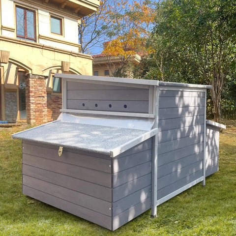 Sturdy Large Wooden Chicken Coop with Weatherproof Exterior and Six Nesting Boxes, Removable Tray, Dark Grey Finish in Backyard