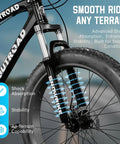 Close-up of front suspension fork on 26 Inch Fat Tire Mountain Bike With 21 Speed Drivetrain, 4 Inch Fat Tires