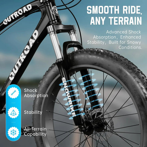 Close-up of front suspension fork on 26 Inch Fat Tire Mountain Bike With 21 Speed Drivetrain, 4 Inch Fat Tires