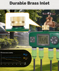 Four Zone Sprinkler Timer With Brass Inlet, Programmable Irrigation Controller attached to outdoor faucet in garden