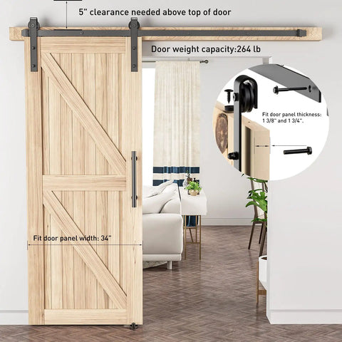 Heavy Duty 6 Foot Sliding Barn Door Hardware Kit With A Rock Solid Smooth Quiet Glide And Easy Install Includes Door Hook And Two Handles For Doors One And Three Eighths To One And Three Quarters Inch Thick Black Finish J Shape Hangers installed in living room