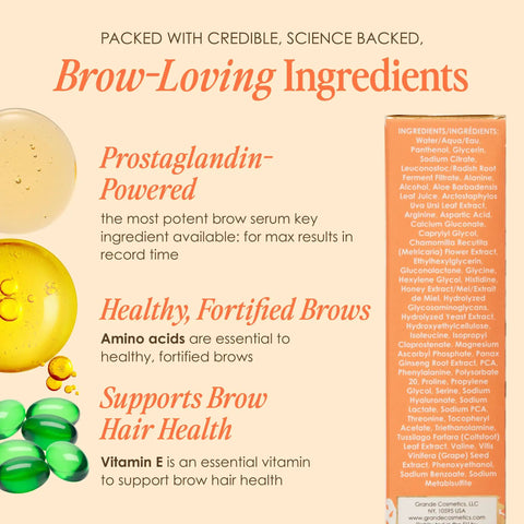 Ingredients and science-backed elements of Brow Boosting Serum For Fuller, Bolder Brows And Your Brow Game With Vitamins.