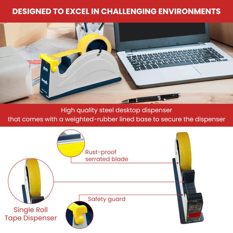 Rugged Pro-Grade Industrial Steel Desktop Tape Dispenser For One Inch Tape Up To Three Inches Wide displayed on a desk