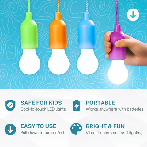 4 Hanging LED Lights For Kids Safe Treehouse And Playhouse Use Indoor And Outdoor Battery Powered Lamps With Easy Pull Chain Perfect For Camping Tents Backyard Fun in vibrant colors.