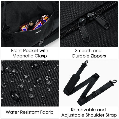 Details of the Underseat Personal Item Bag With USB Charging Port, showing pocket, zippers, water resistance, and shoulder strap.