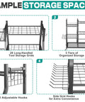 Heavy Duty Garden Tool Organizer Stand With Lockable Wheels showing 28 storage grids, 3 tiers, adjustable hooks, and side hooks.