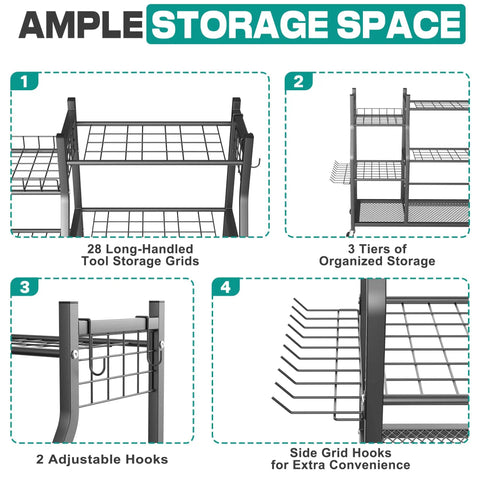 Heavy Duty Garden Tool Organizer Stand With Lockable Wheels showing 28 storage grids, 3 tiers, adjustable hooks, and side hooks.