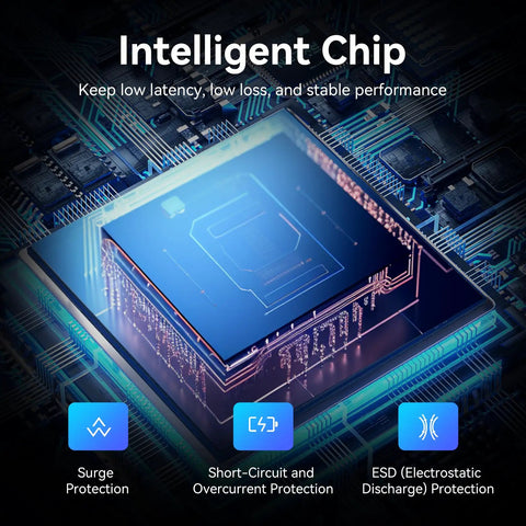 Intelligent chip design showcasing surge protection and ESD features for Blazing Fast M2 NVMe SSD Enclosure in Solid Aluminum.