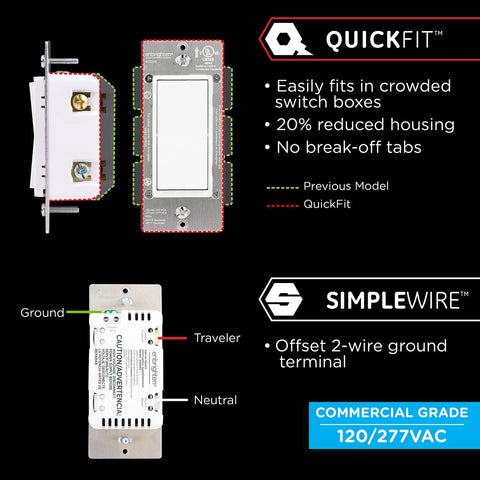 Dope Add On Switch QuickFit And SimpleWire For In Wall Rocker Paddle Controls Z Wave And ZigBee Wireless Smart Lighting Not A Standalone Switch Model 46199 White And Light Almond with wiring details and compact design.