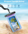 Floating IP68 Waterproof Phone Pouch With Lanyard Waterproof Case Fits Up To 7 Inch Screens For iPhone 17 16 15 14 Pro Max And Samsung S26 S25 S24 Beach Day Must Have In Dazzling Purple on sandy beach with ocean view.