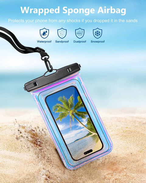Floating IP68 Waterproof Phone Pouch With Lanyard Waterproof Case Fits Up To 7 Inch Screens For iPhone 17 16 15 14 Pro Max And Samsung S26 S25 S24 Beach Day Must Have In Dazzling Purple on sandy beach with ocean view.