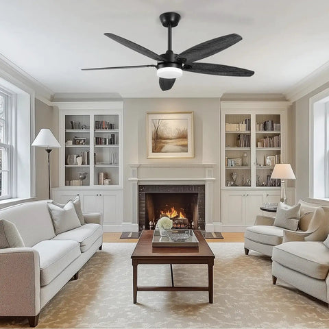 52 Inch Outdoor Ceiling Fan With Light And Remote, 5 Wood Blades In Two Finishes, in a living room setting, dimmable LED