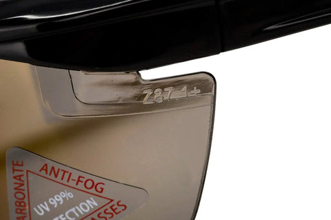 Close-up of Blue Mirror Safety Glasses With UV Protection Anti Scratch And Anti Fog Coating showing ANSI certification detail.