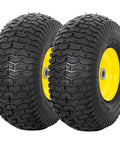 2 Pack Front Tire And Wheel Assembly For Riding Mowers 15x6.00-6 Fits 100 And 300 Series, black tread, yellow rim, 3 inch offset hub.