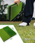 Portable Foldable Grab-and-Go Dual Turf Golf Practice Mat held by golfer near tee with realistic fairway and rough surfaces.