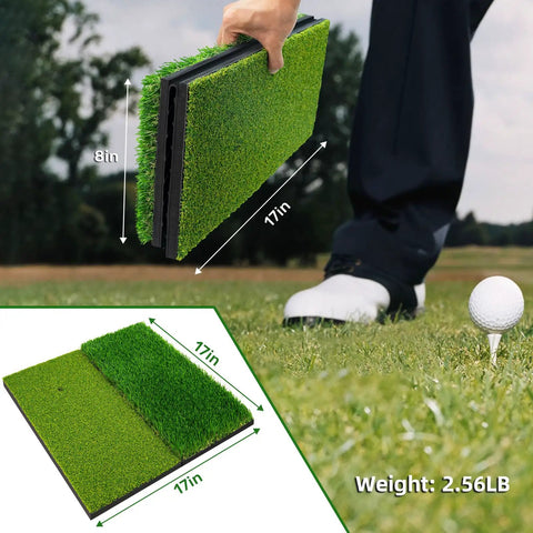 Portable Foldable Grab-and-Go Dual Turf Golf Practice Mat held by golfer near tee with realistic fairway and rough surfaces.