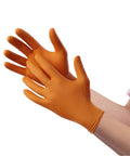 Venom Steel orange nitrile gloves, front view, 8 mil thick textured grip, disposable, one size fits most