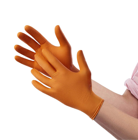 Venom Steel orange nitrile gloves, front view, 8 mil thick textured grip, disposable, one size fits most