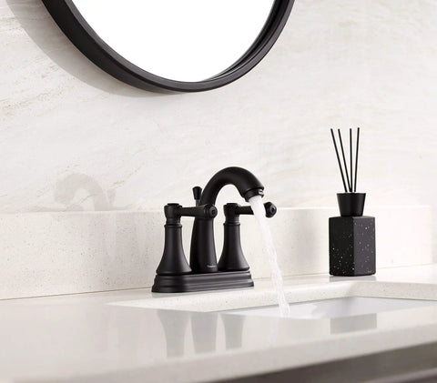 Matte Black 4 Inch Bathroom Sink Faucet With Three Hole Centerset Two Handles Metal Casting Spout Sleek Modern RV Farmhouse Vanity Faucet Include Drain With Overflow And Lift Rod on white countertop