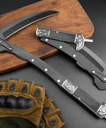 Two Section Folding Sickle With Stainless Steel Blade Black Wood Handle Grab And Go Portable Safety Scythe Knife With Sheath