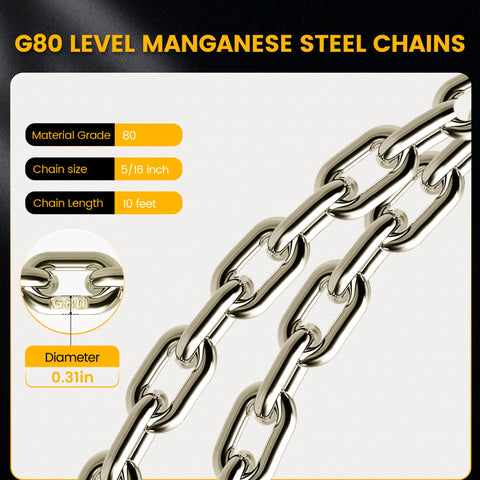 Close-up of Grade 80 steel chain sling with 5/16 in links, 10 ft length, 0.31 in diameter