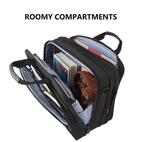 Expandable Water Repellent Laptop Briefcase For 17.3 Inch Laptop With RFID Pockets and padded compartments open with items inside
