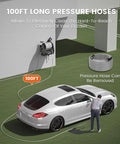 Retractable Wall Mount Pressure Washer Pro Electric Power Cleaner With 2900 PSI 2.2 GPM 100 Ft Hose Auto Rewind shown in use on car