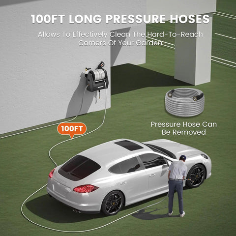 Retractable Wall Mount Pressure Washer Pro Electric Power Cleaner With 2900 PSI 2.2 GPM 100 Ft Hose Auto Rewind shown in use on car
