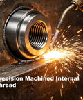 Two Pack 3/8 Npt Weld On Female Pipe Thread Steel Bung Fitting Step Nut in use, displaying precision machined threads and welding sparks.