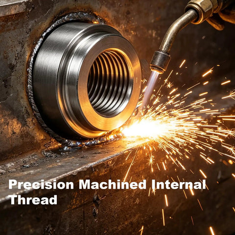 Two Pack 3/8 Npt Weld On Female Pipe Thread Steel Bung Fitting Step Nut in use, displaying precision machined threads and welding sparks.