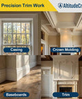 AltitudeCraft Crown Stops for Miter Saw banner showing white crown molding, baseboards, and trim in a home interior