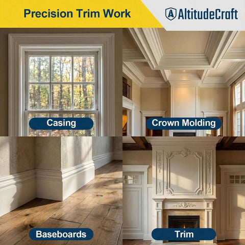 AltitudeCraft Crown Stops for Miter Saw banner showing white crown molding, baseboards, and trim in a home interior