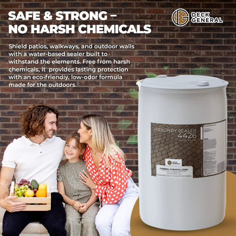 Premium Penetrating Masonry Sealer For Concrete Brick And Pavers Sets Up Tough As Nails Water Barrier, 55 Gallon drum in family setting.