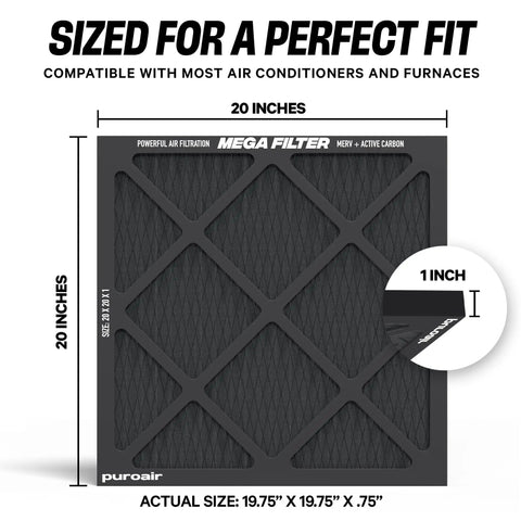 MegaFilter 20x20x1 Air Filter MERV 13 Activated Carbon Tech Defense, showing size and compatibility for HVAC use.