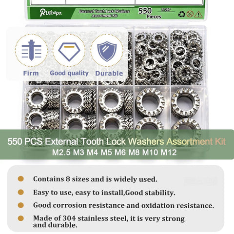 Garage Built 550 Piece External Tooth Lock Washer Assortment Kit Metric M2.5 To M12 Sizes High Grip 304 Stainless Steel rust resistant washers in organized case.