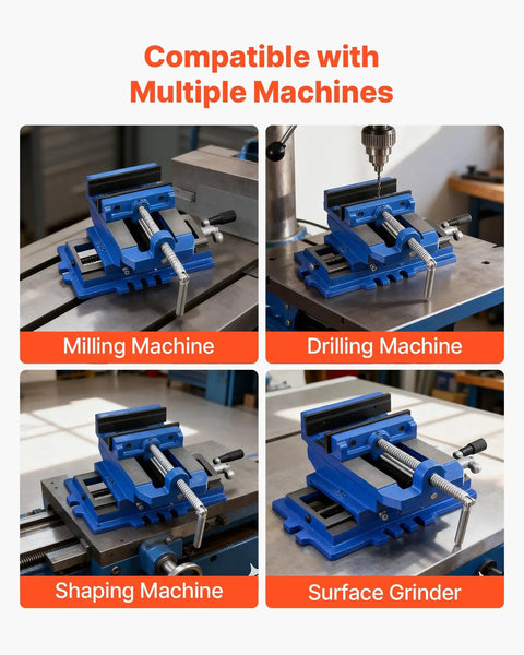 Cross Slide Drill Press Vise 4 Inch Jaw, 2 Axis X Y Bench Vise shown with different machines for woodworking and CNC milling