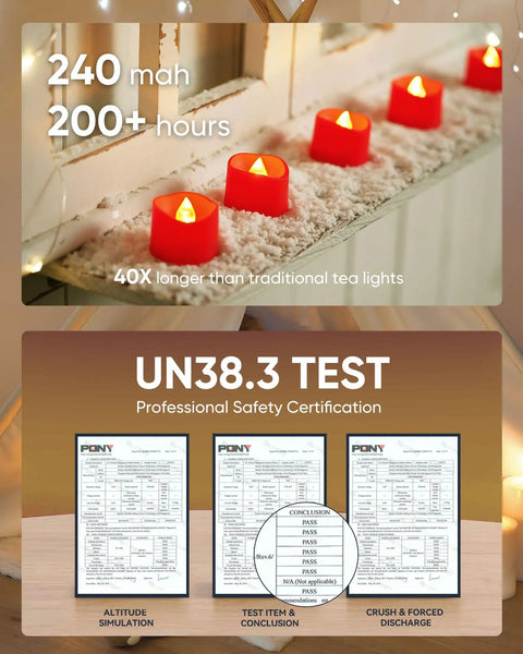 Red LED Tea Lights Battery Operated Flameless Candles on windowsill, safety certified with UN38.3 test documentation.