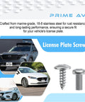 Stainless Steel License Plate Screws Set For Front And Rear Use, Rust Proof And Durable For Frames And Covers, Marine Grade Fasteners, 8 Pack, Mazda Compatible displayed with cars and screws.