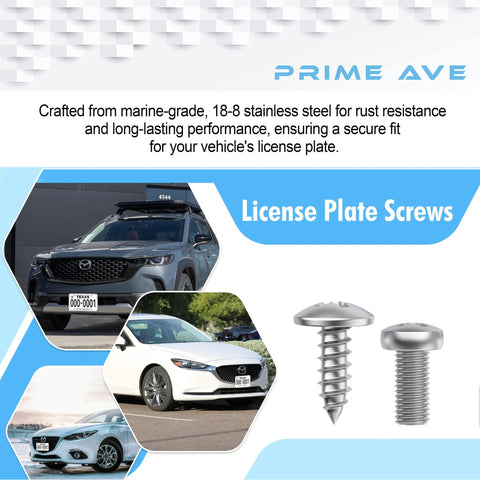 Stainless Steel License Plate Screws Set For Front And Rear Use, Rust Proof And Durable For Frames And Covers, Marine Grade Fasteners, 8 Pack, Mazda Compatible displayed with cars and screws.
