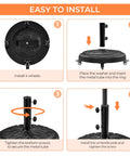 Installation steps for Heavy Duty Round Umbrella Base With 4 Lockable Rolling Wheels And 2 Knobs, 45 lb Weatherproof Resin Iron Stand