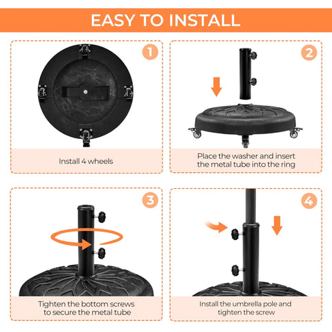 Installation steps for Heavy Duty Round Umbrella Base With 4 Lockable Rolling Wheels And 2 Knobs, 45 lb Weatherproof Resin Iron Stand