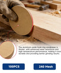 Get Your Project Done Fast With These 100 Pcs Hook And Loop Sanding Discs Made From Premium Aluminum Oxide Grit For Quick Easy Replacement And High Speed Rotation Without Falling Off Or Losing Hold On Tools, shown on wood.
