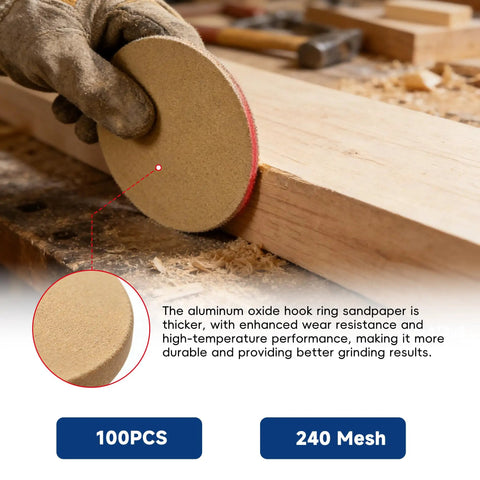 Get Your Project Done Fast With These 100 Pcs Hook And Loop Sanding Discs Made From Premium Aluminum Oxide Grit For Quick Easy Replacement And High Speed Rotation Without Falling Off Or Losing Hold On Tools, shown on wood.