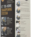 Packaging of Tri Hone Stone Sharpening System Three Way Honing With 1000 Grit Fine Arkansas Stone, 800 Grit Medium Stone, And 300 Grit Coarse Stone on 6-inch stones with instructions visible.