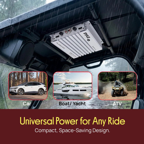 Installed Hydra Marine 400W 4 Channel Amplifier Waterproof with Dual MOSFET Power Supply in a vehicle, shown under a roof.