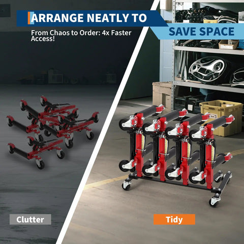 Heavy Duty Car Dolly Storage Rack With 360 Degree Swivel Casters And Four Wheel Dolly Holder in garage comparison