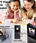Two children enjoying music with a 64GB MP3 Player With Bluetooth 5.3 And Built-In Speaker, showing control and lock mode features.