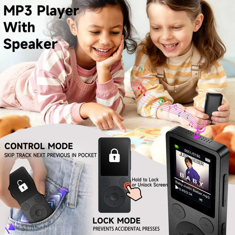 Two children enjoying music with a 64GB MP3 Player With Bluetooth 5.3 And Built-In Speaker, showing control and lock mode features.