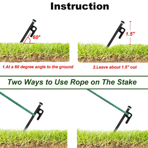 Diagram of Heavy Duty Tent Stake Set 20 Pcs 16 Inch Forged Steel Stakes at 60 degree angle with rope on grass